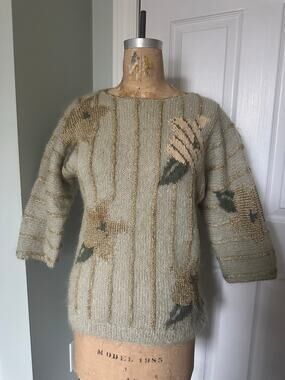 Vintage Mohair Wool Sweater gold metallic striped floral sage Mint green glam